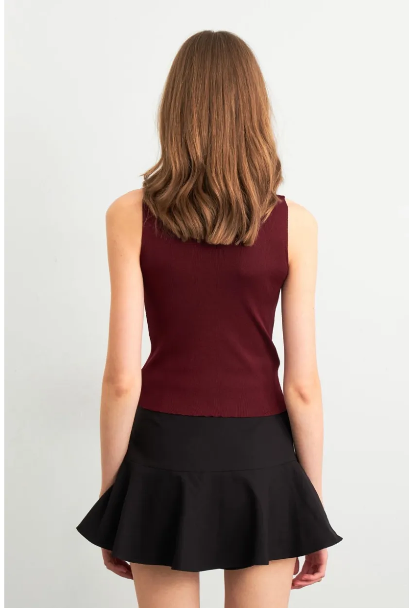 Kadın Bordo Triko Kolsuz Bluz YV305