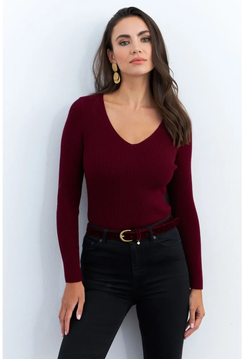 Kadın Bordo V Yaka Triko Bluz YV284