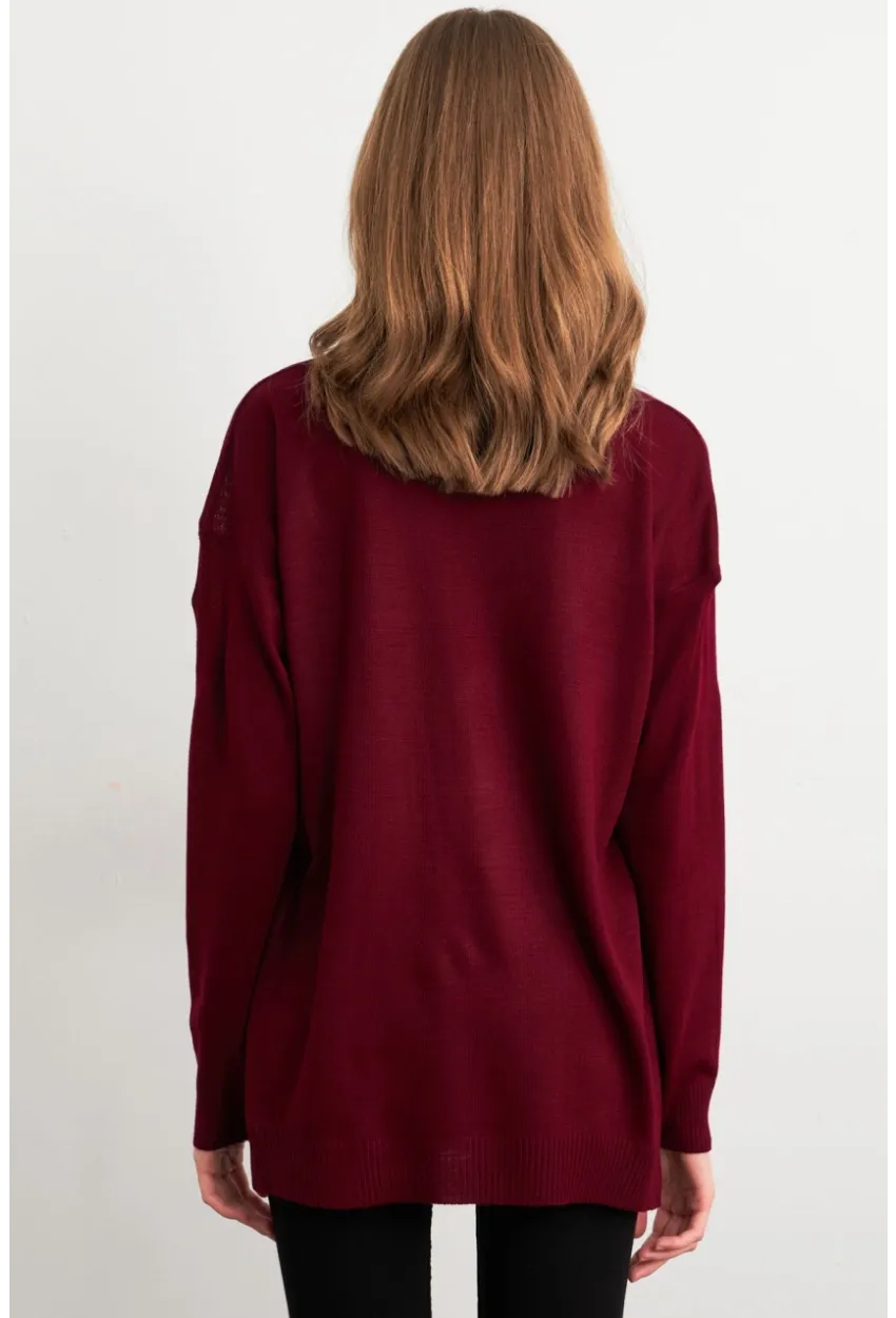 Kadın Bordo V Yaka Triko Kazak YİL549