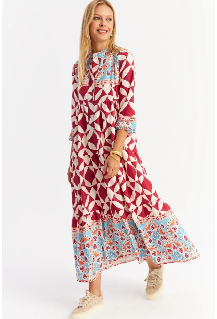 Kadın Bordo Volanlı Desenli Maxi Elbise MYLE14