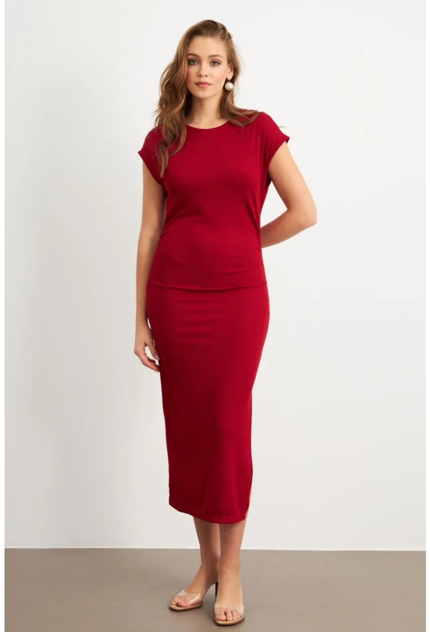 Kadın Bordo Yanları Büzgülü Midi Elbise MK35