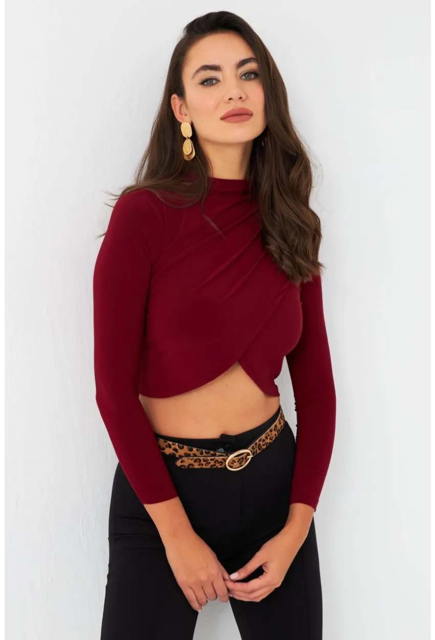 Kadın Bordo Yarım Balıkçı Anvelop Bluz CY351