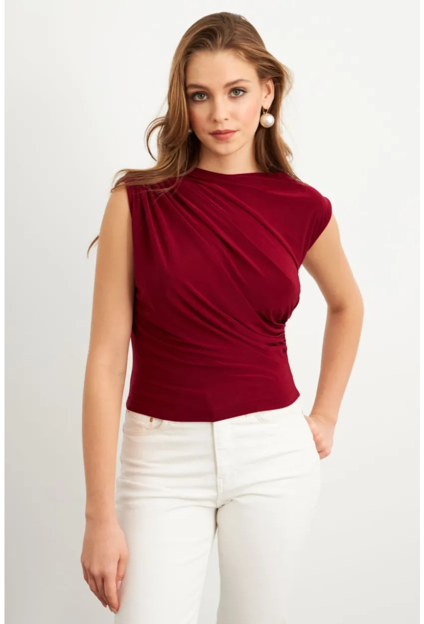 Kadın Bordo Yarım Balıkçı Desenli Bluz LPP1205