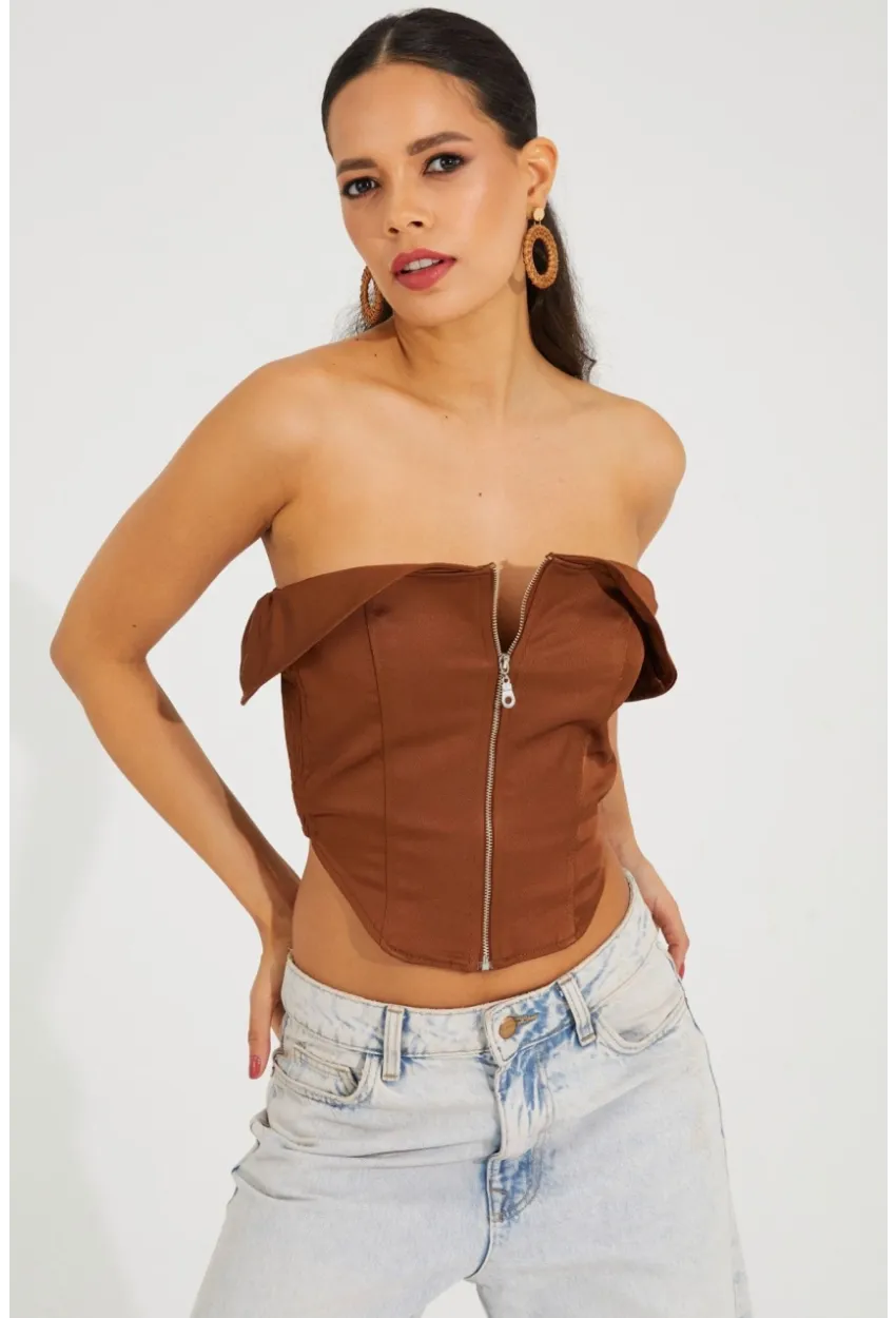 Kadın Bronz Fermuarlı Straplez Crop Bluz SF2502