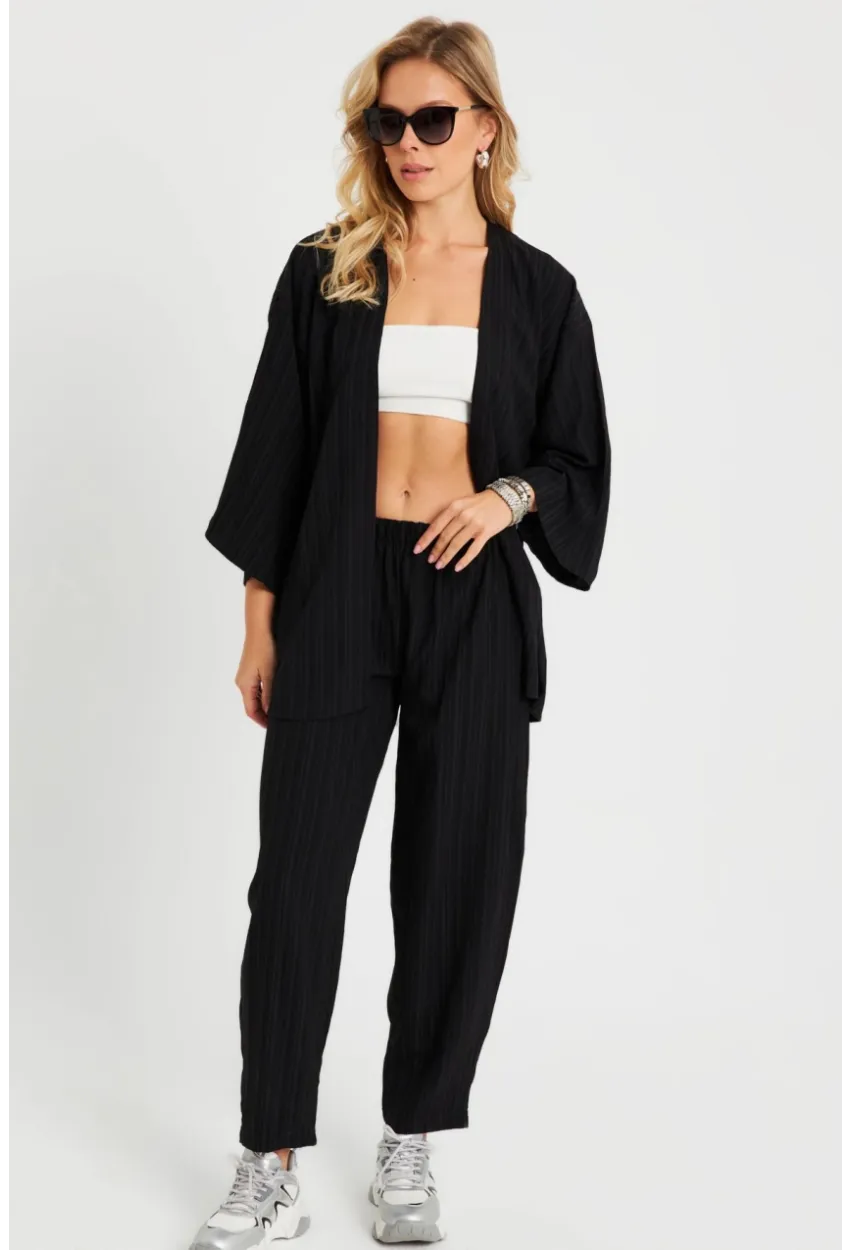 Kadın Bürümcük Kimono Takım Siyah Q983