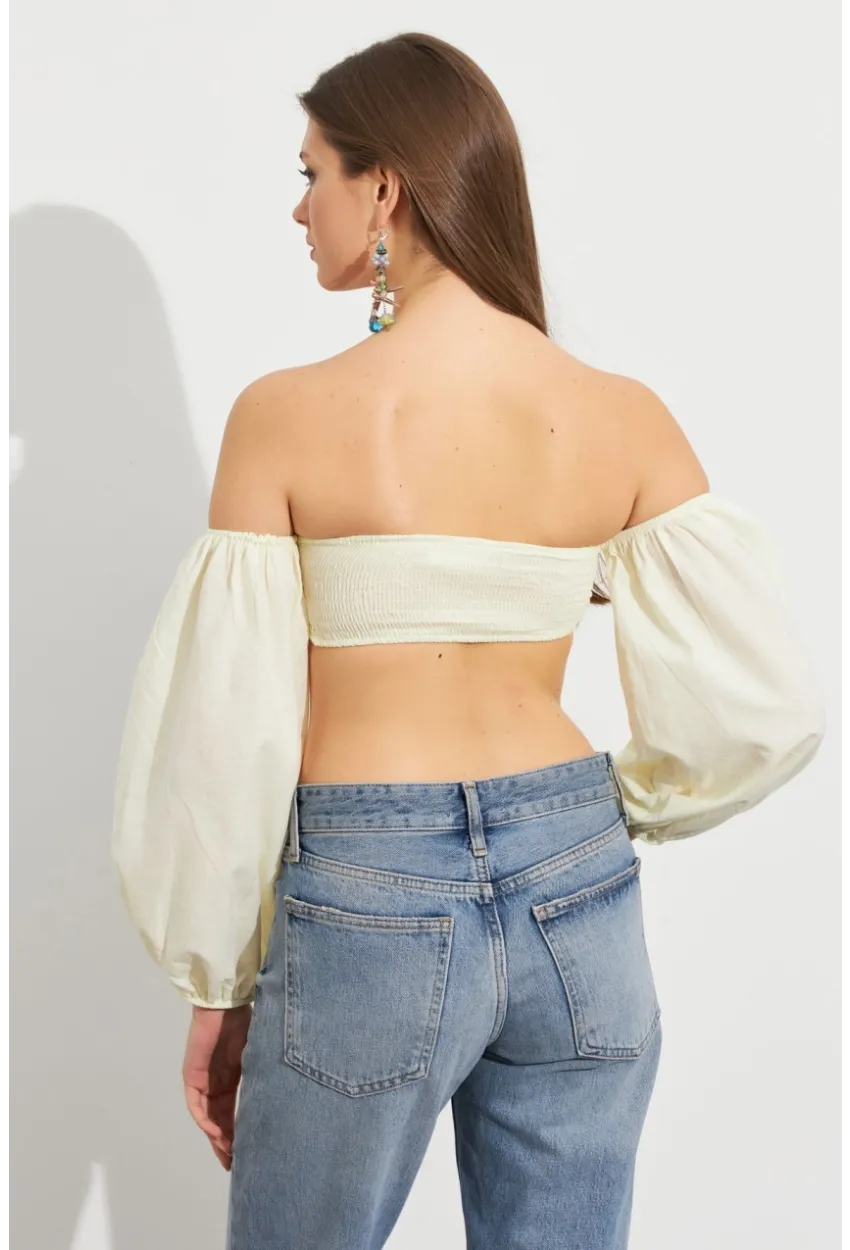 Kadın Butter Yellow Balon Kol Crop Bluz Rop111