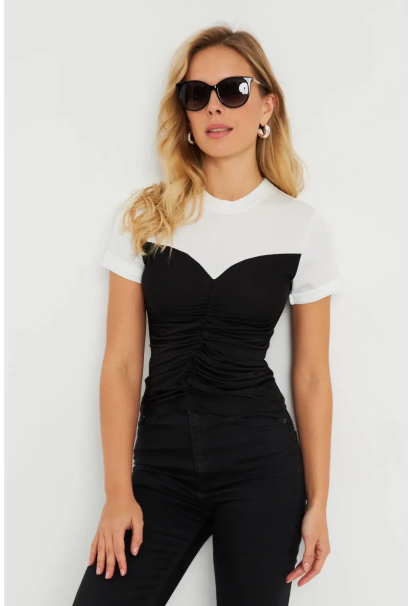 Kadın Büzgülü T-Shirt Bluz Siyah-Beyaz KS117