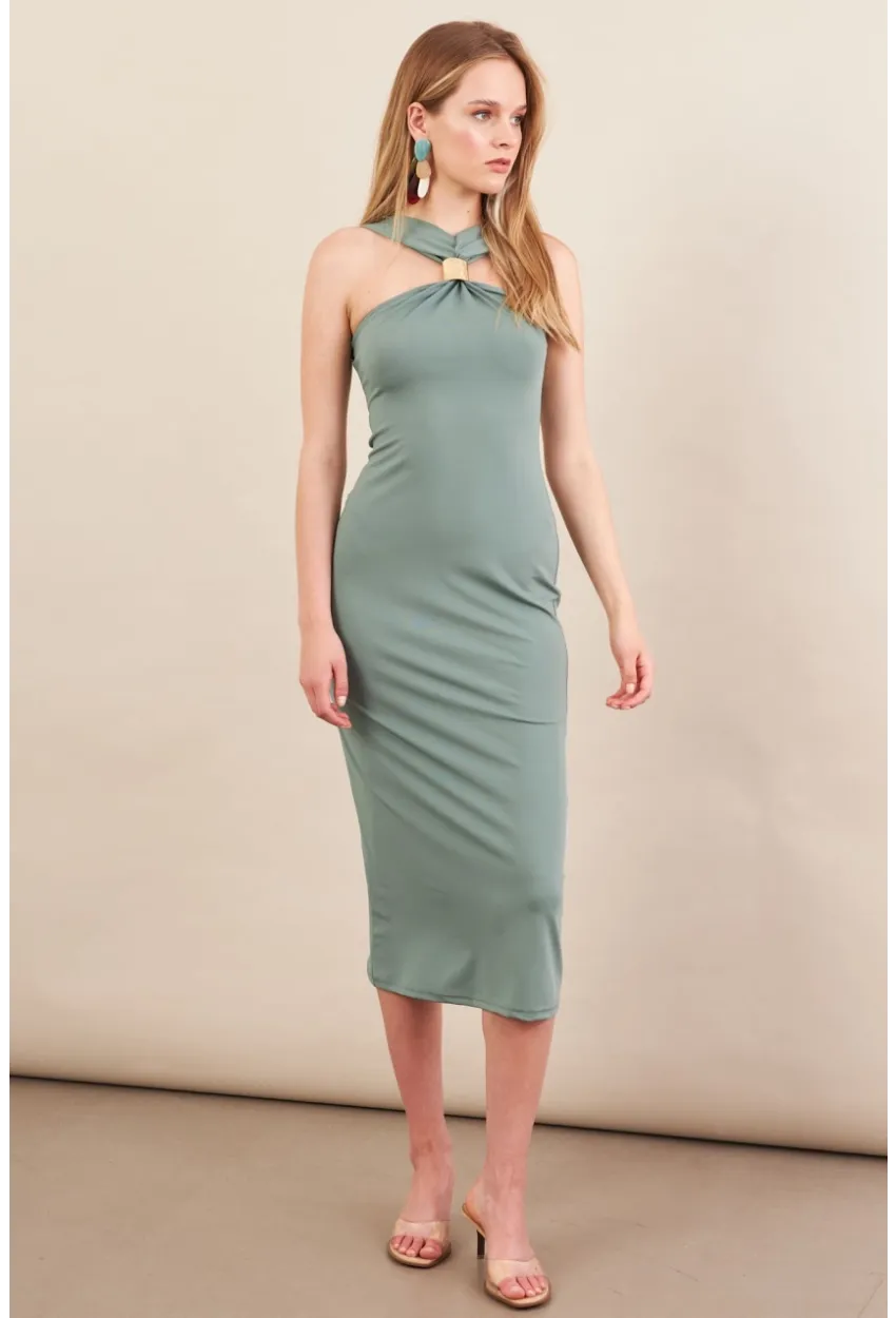 Kadın Çağla Yeşili Aksesuarlı Midi Elbise İRE101