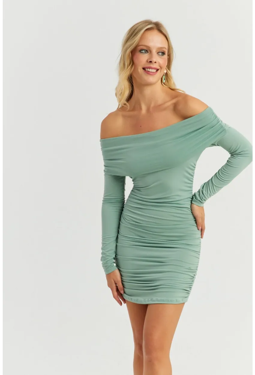 Kadın Çağla Yeşili Büzgülü Madonna Mini Elbise MON1118