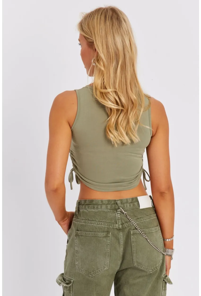 Kadın Çağla Yeşili Yanları Bağcıklı Kolsuz Bluz MK05