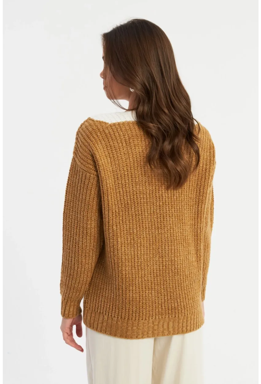 Kadın Camel-Beyaz V Yaka Triko Kazak SMT2434