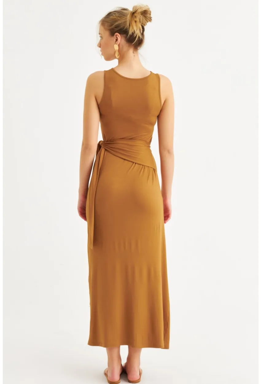 Kadın Camel Büzgülü Kolsuz Midi Elbise TF75