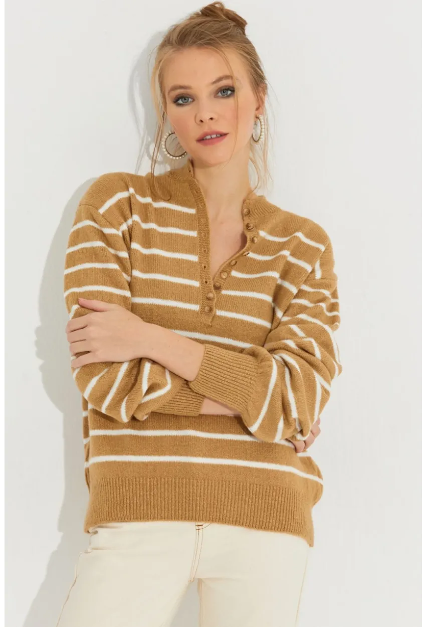 Kadın Camel Çizgili Triko Kazak SMT219