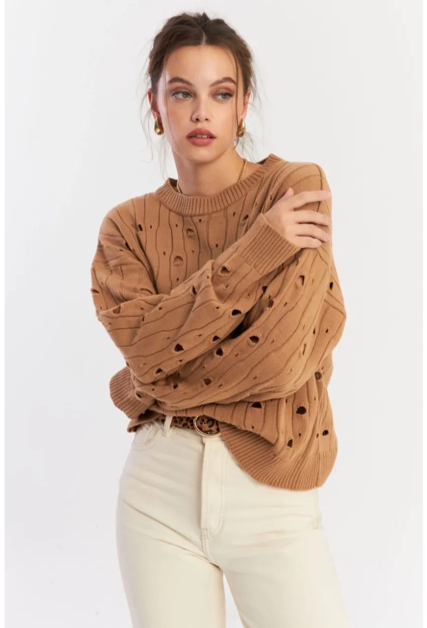 Kadın Camel Çizgili Yırtık Triko Kazak PP2342