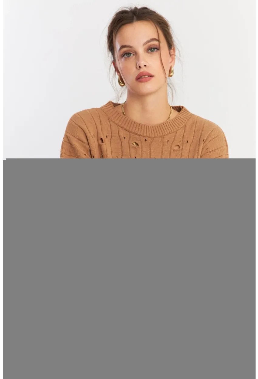 Kadın Camel Çizgili Yırtık Triko Kazak PP2342