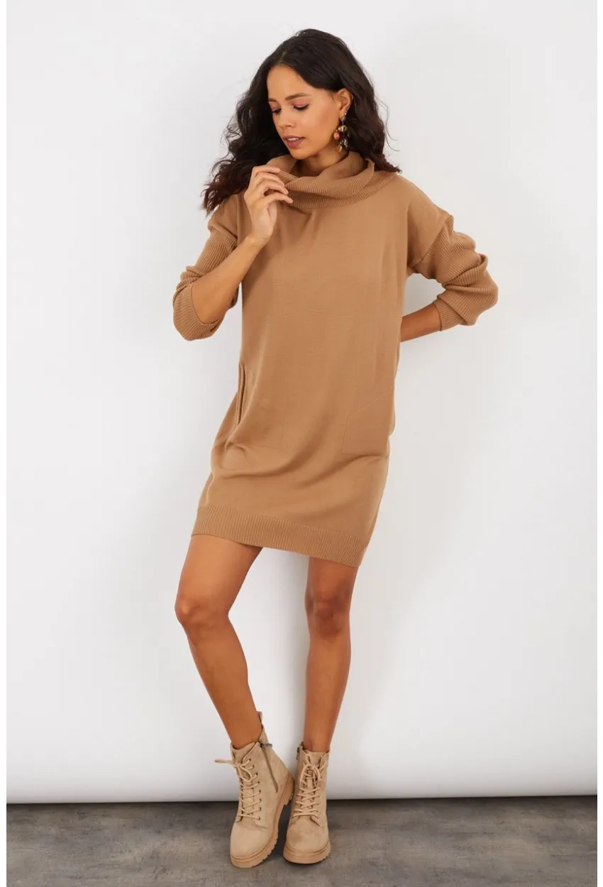 Kadın Camel Degaje Yaka Triko Mini Elbise YV73