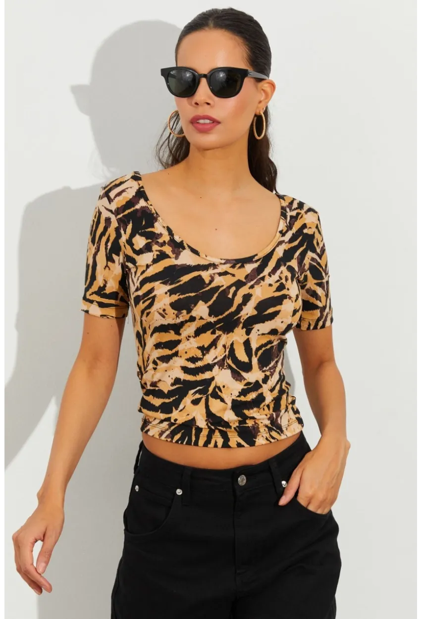 Kadın Camel Desenli Bluz LPP1224