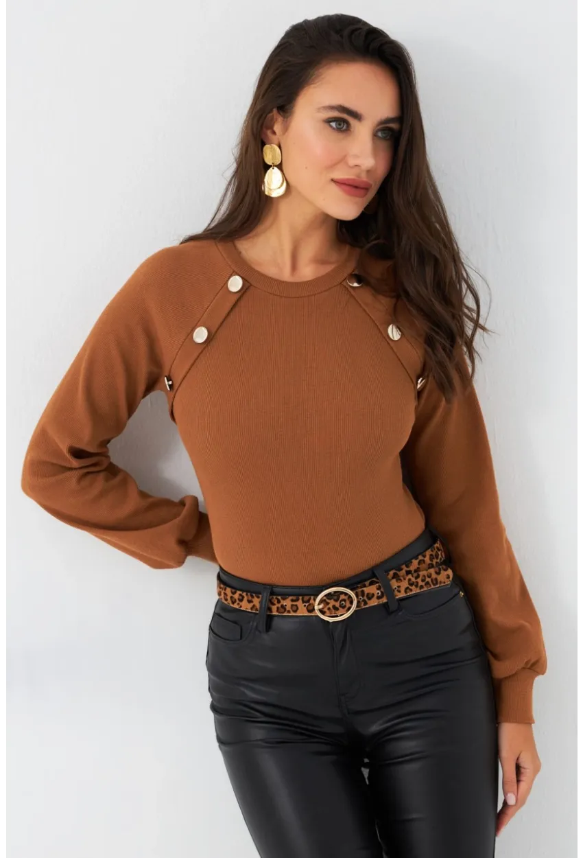 Kadın Camel Düğme Aksesuarlı Kaşkorse Bluz EY2946