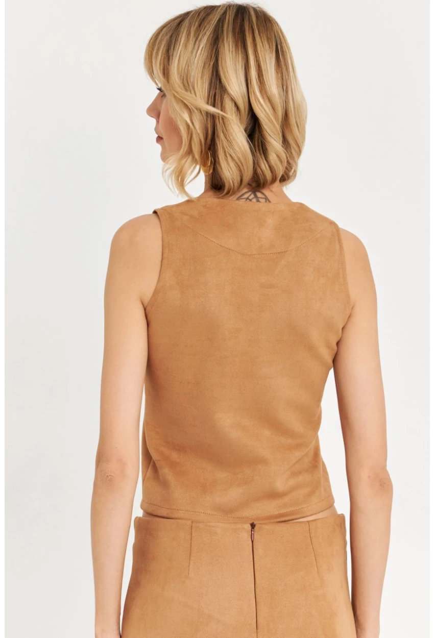 Kadın Camel Düğme Detaylı Süet Bluz KED7113