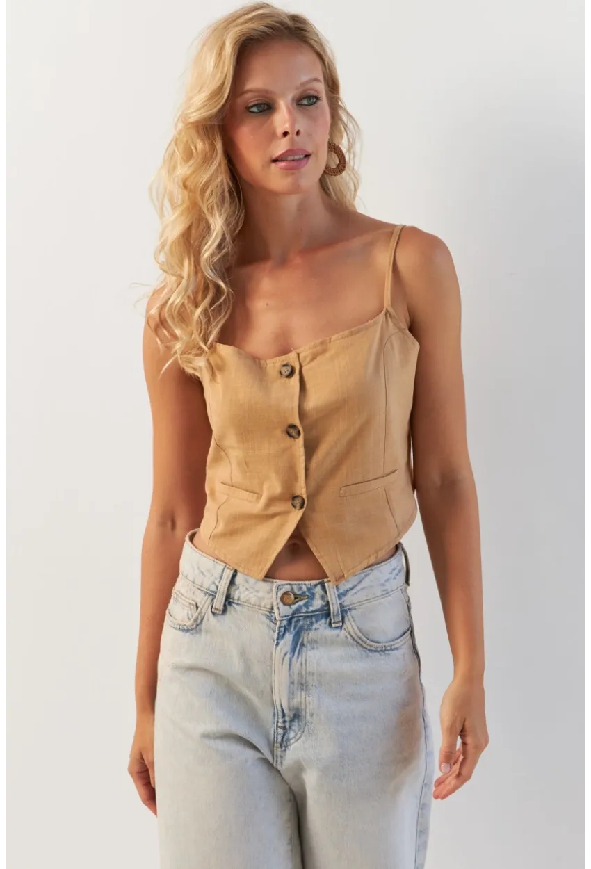 Kadın Camel Düğmeli İp Askılı Yelek MP20153
