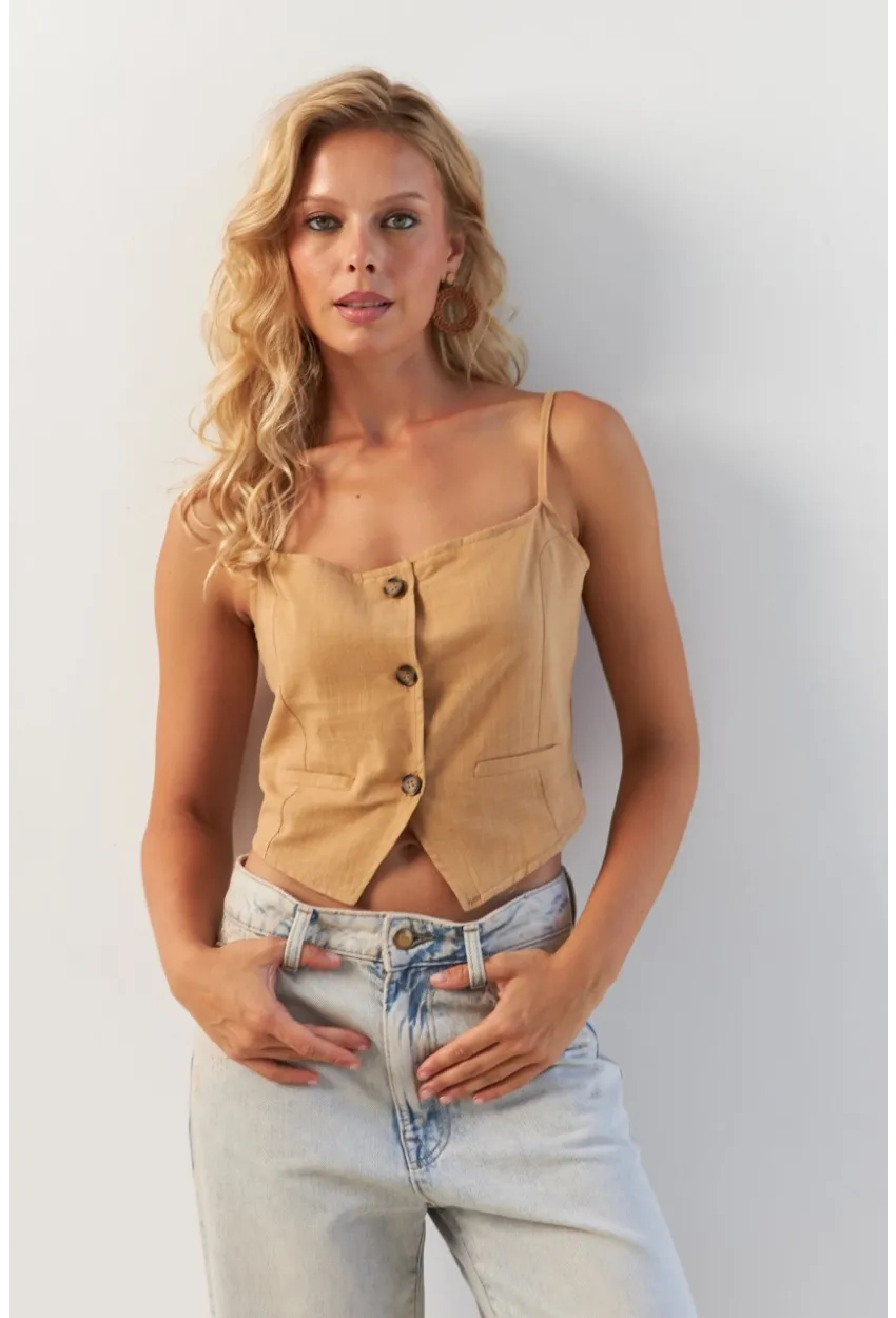 Kadın Camel Düğmeli İp Askılı Yelek MP20153
