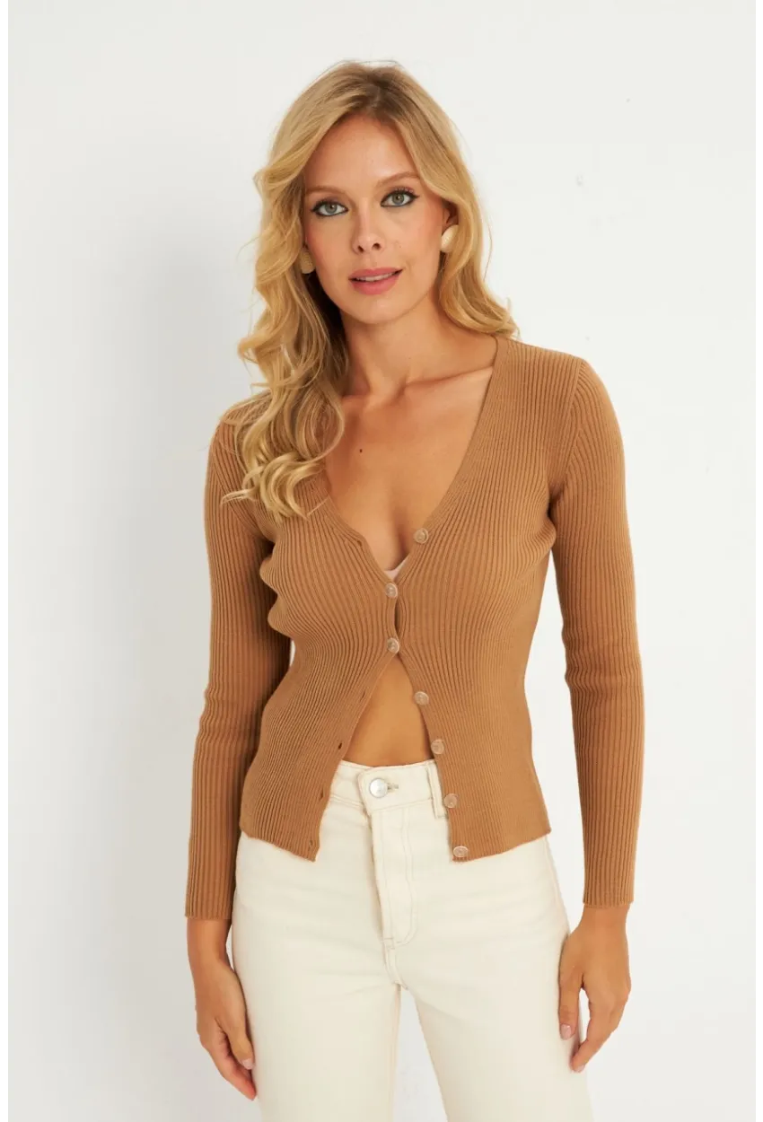 Kadın Camel Düğmeli Triko Bluz YV94