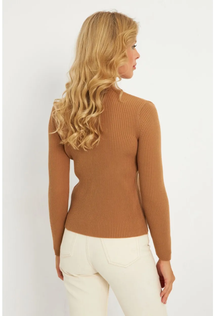 Kadın Camel Düğmeli Triko Bluz YV94