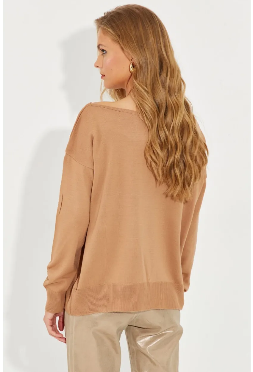 Kadın Camel Düşük Omuz Triko Bluz YZ617