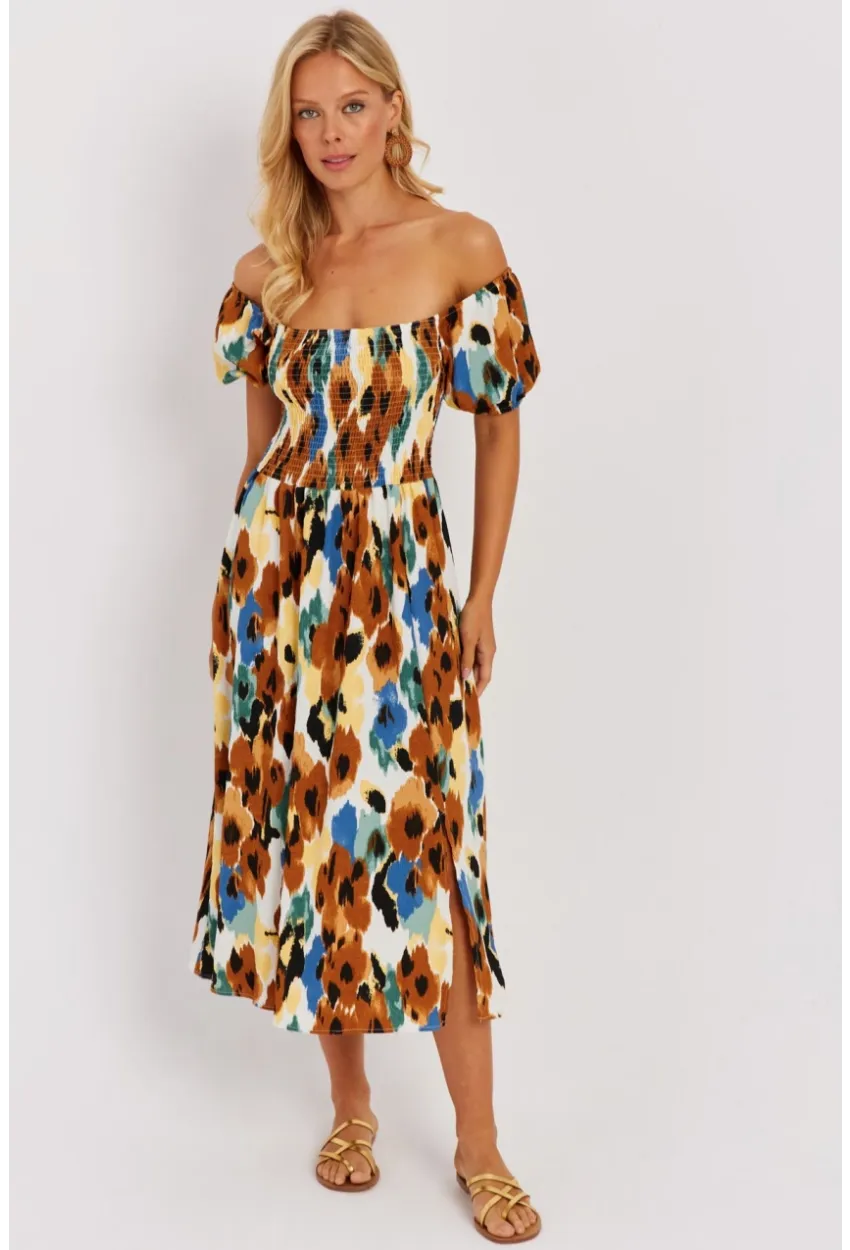 Kadın Camel Gipeli Desenli Midi Elbise MON126