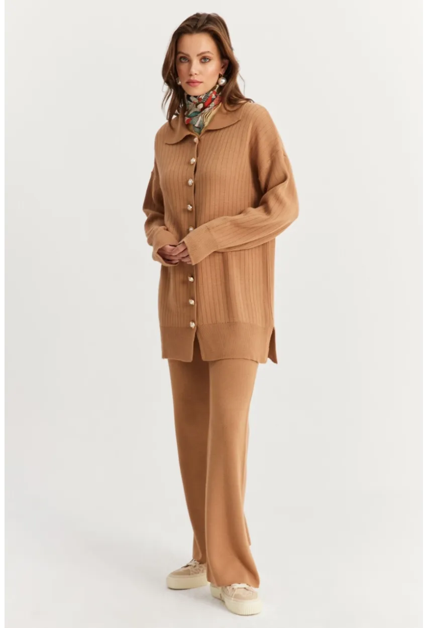 Kadın Camel İnci Düğmeli Hırka Triko Alt Üst Takım NUV26