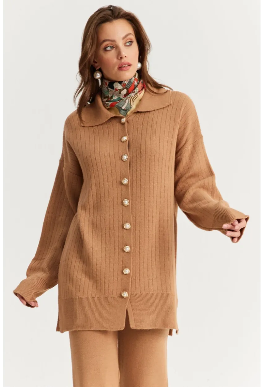 Kadın Camel İnci Düğmeli Hırka Triko Alt Üst Takım NUV26