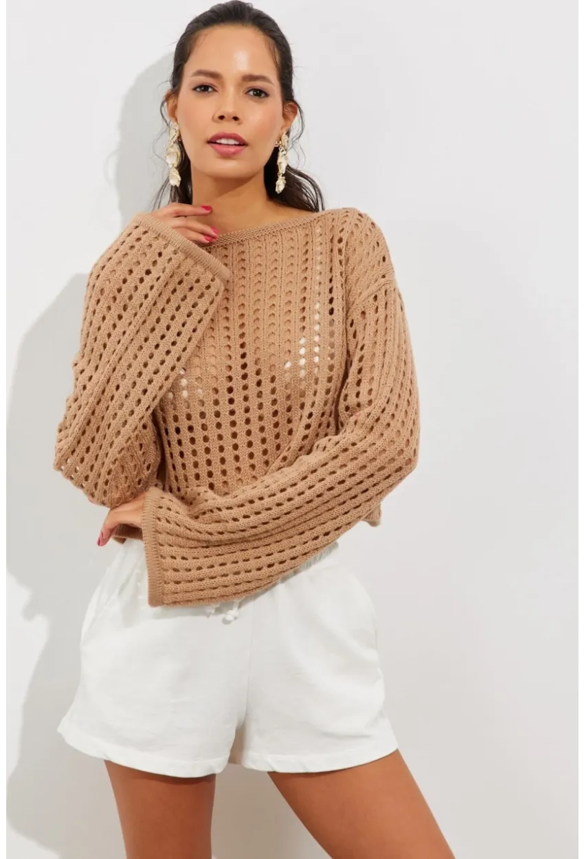 Kadın Camel İspanyol Kol Ajurlu Triko Kısa Bluz SMT181