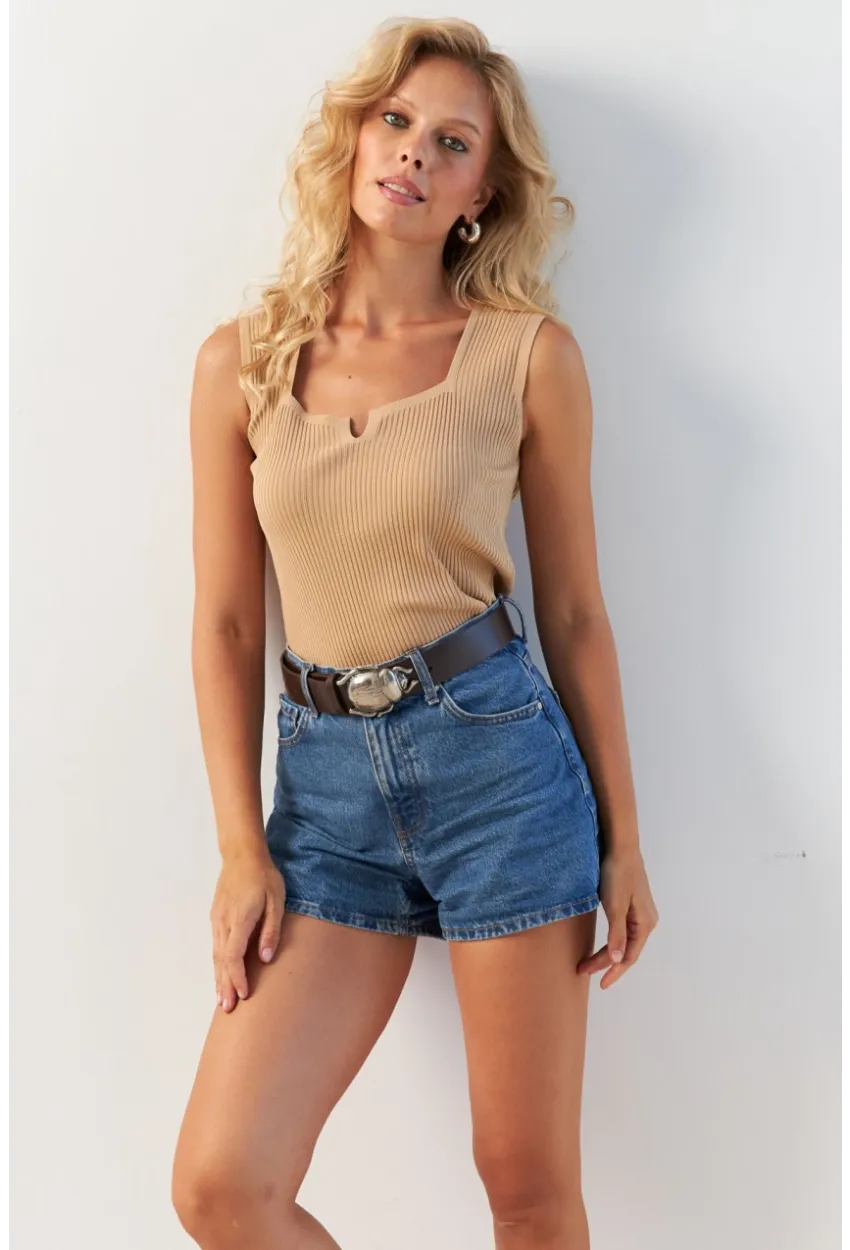 Kadın Camel Kare Yaka Triko Bluz SMT243