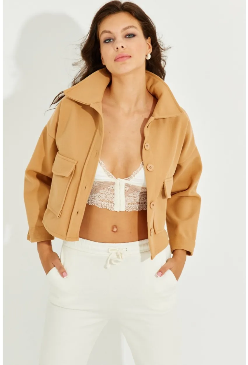 Kadın Camel Kaşe Cepli Kısa Ceket PP2444