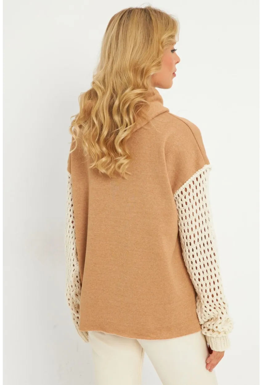 Kadın Camel Kolları Ajurlu Kapüşonlu Sweatshirt YLE12