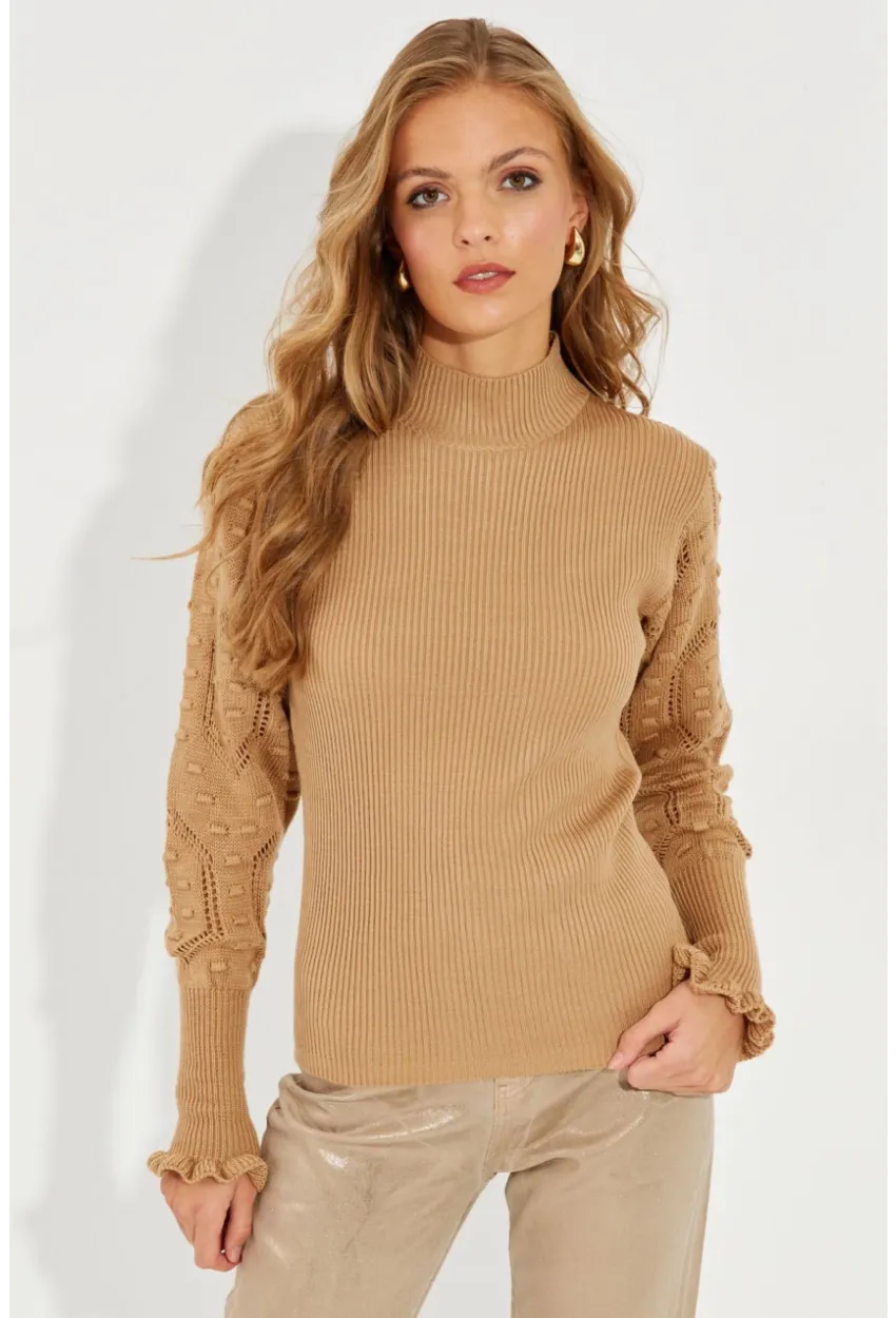 Kadın Camel Kolları Ajurlu Triko Bluz SMT218