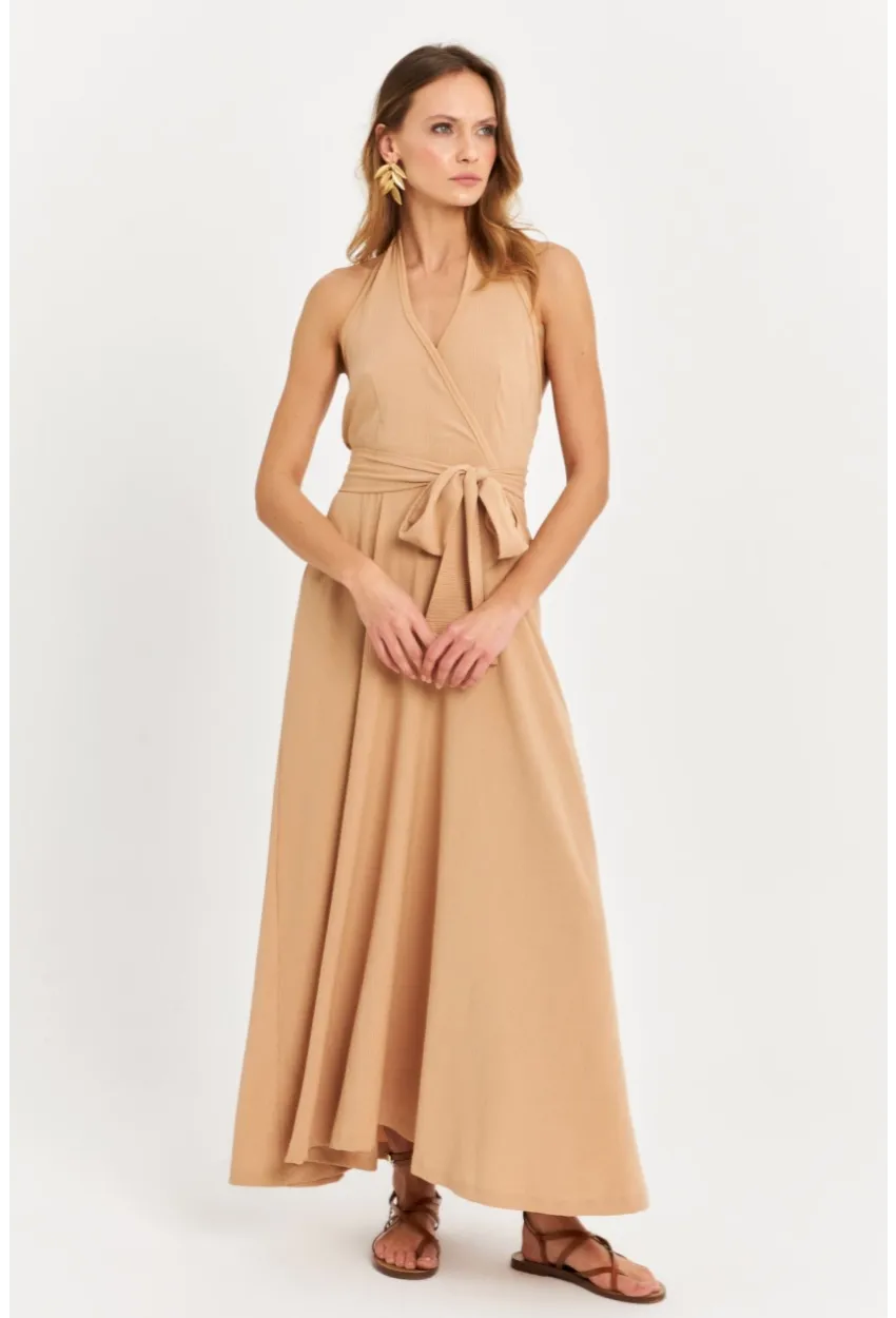 Kadın Camel Kruvaze Bürümcük Maxi Elbise EY3053