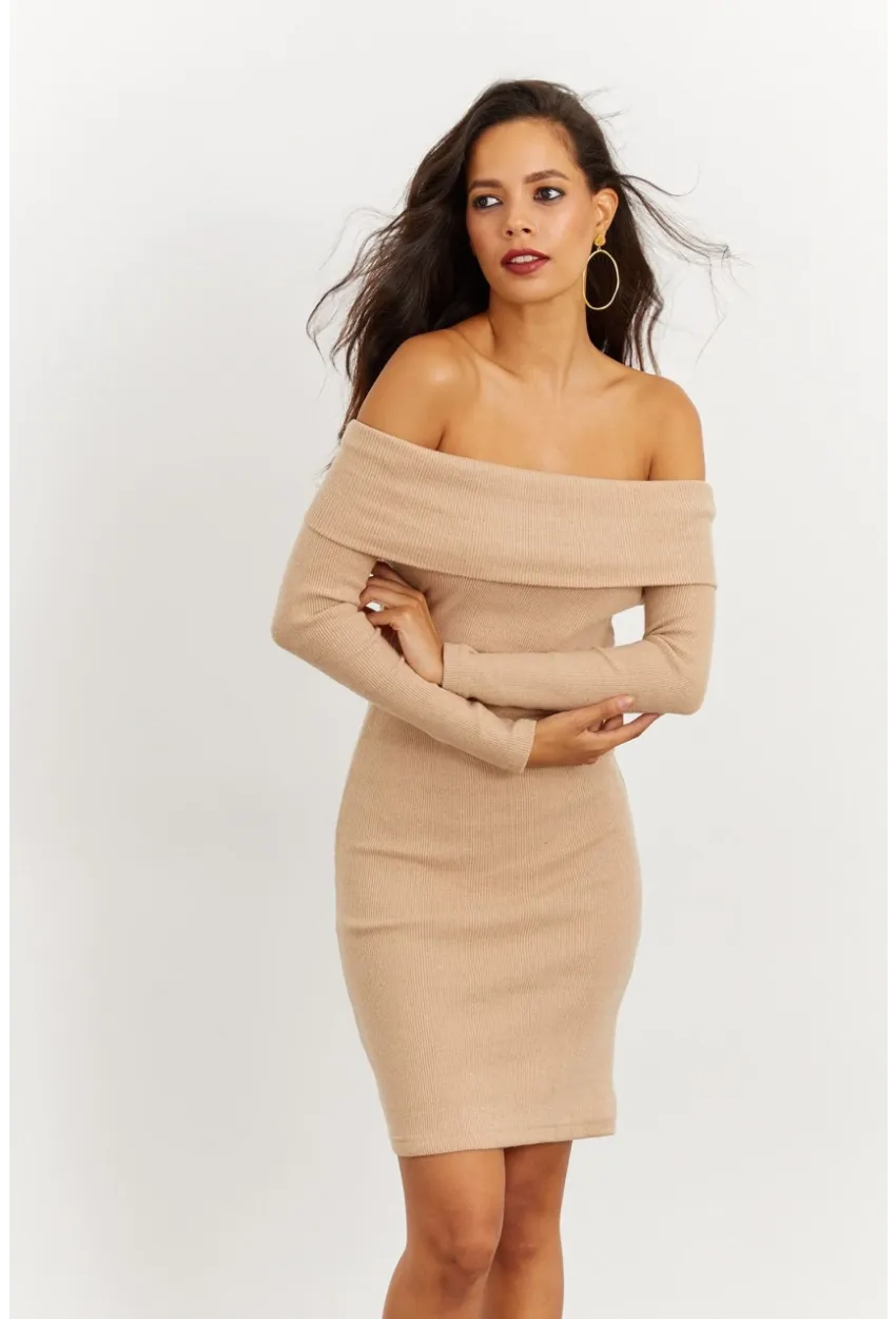 Kadın Camel Madonna Yaka Kaşkorse Elbise CG272