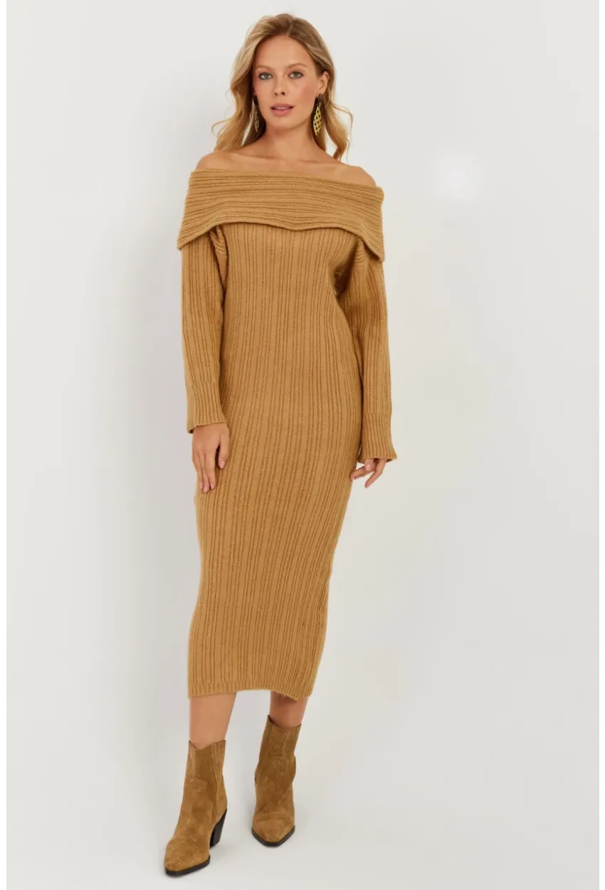 Kadın Camel Madonna Yaka Triko Midi Elbise KZ2503
