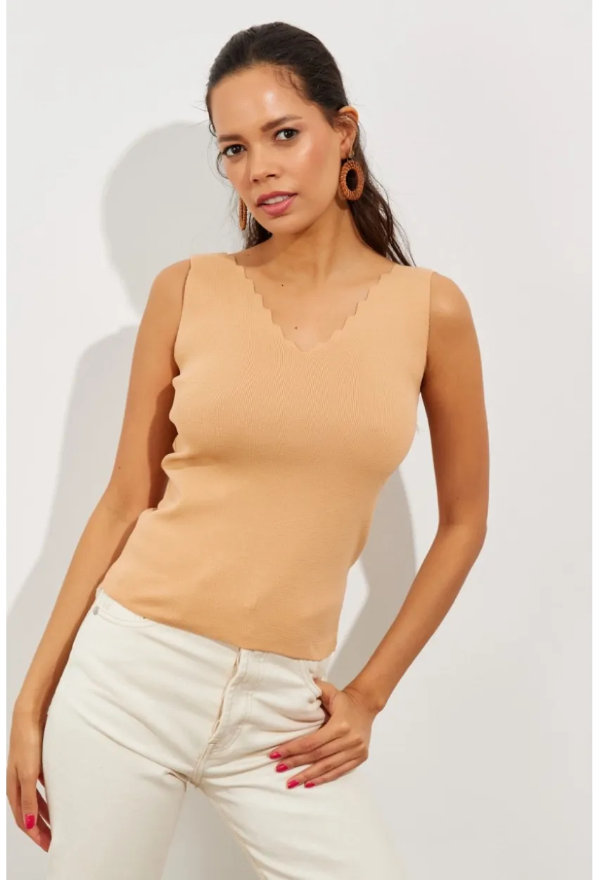 Kadın Camel Merdiven Yaka Triko Bluz YV83