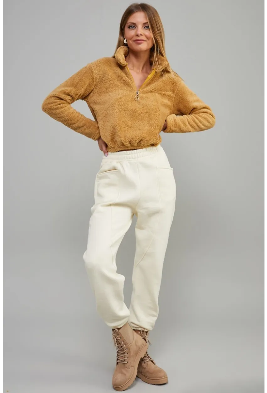 Kadın Camel Önü Fermuarlı Crop Peluş Sweatshirt DA85