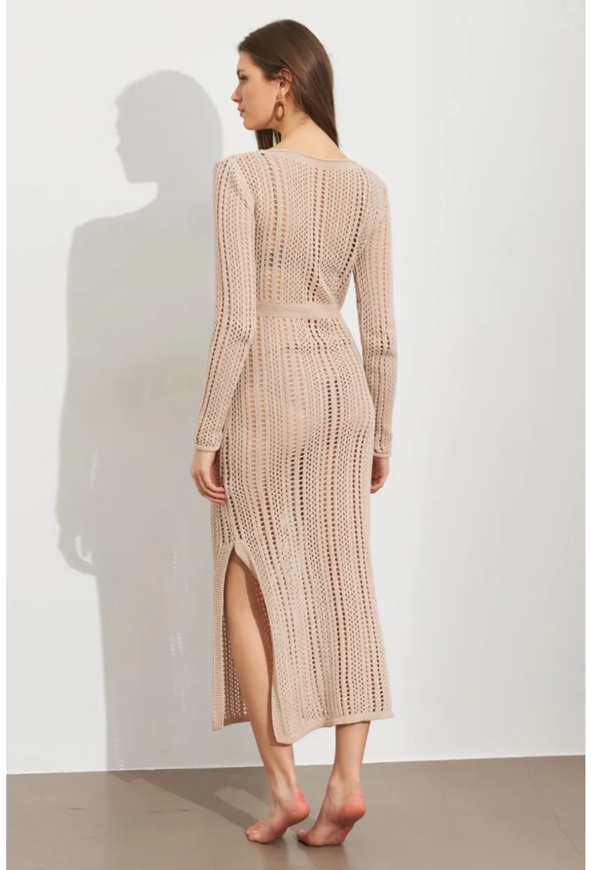 Kadın Camel Önü Pencereli Ajurlu Plaj Elbisesi KZ545