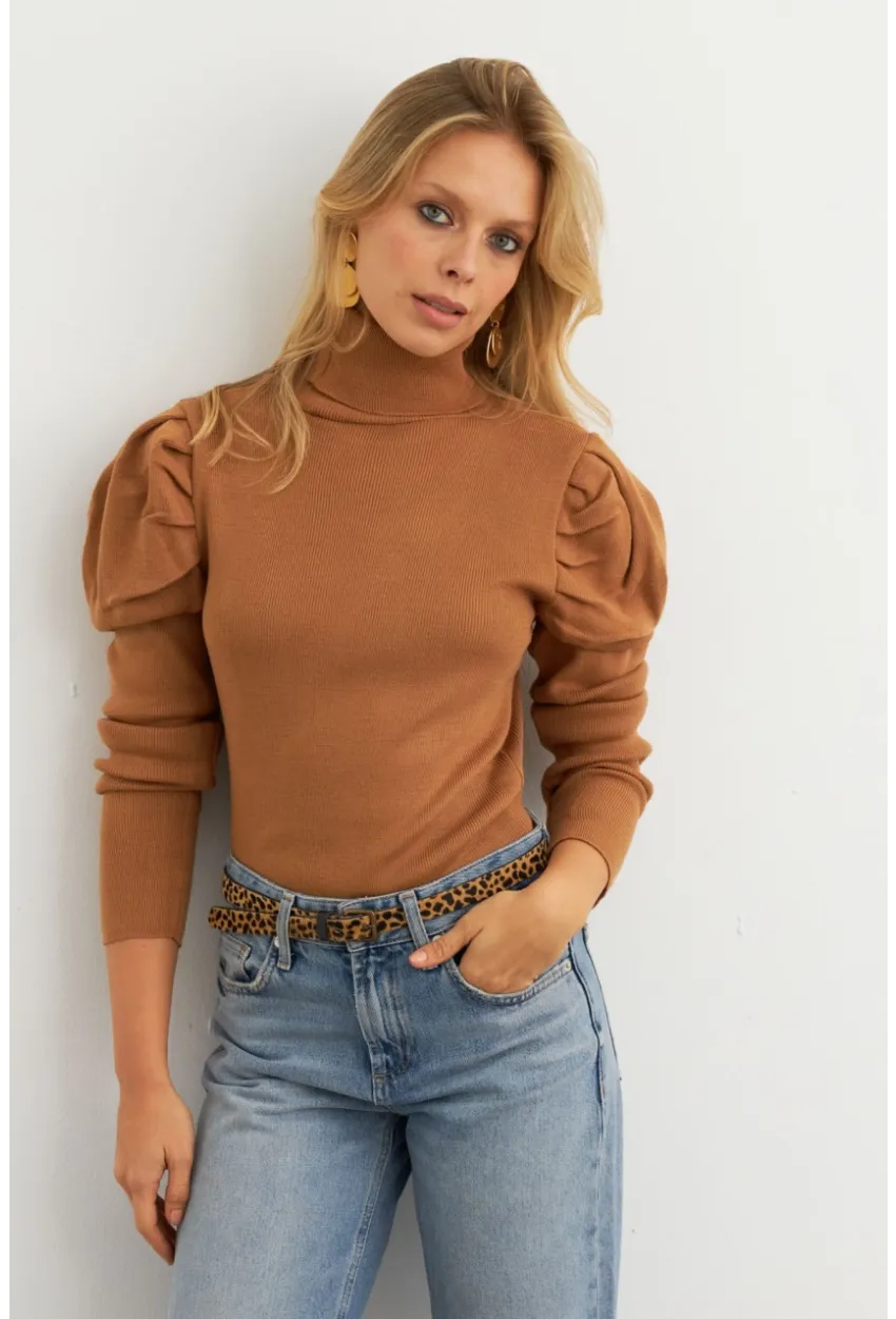 Kadın Camel Prenses Kol Balıkçı Yaka Triko Bluz SF2555