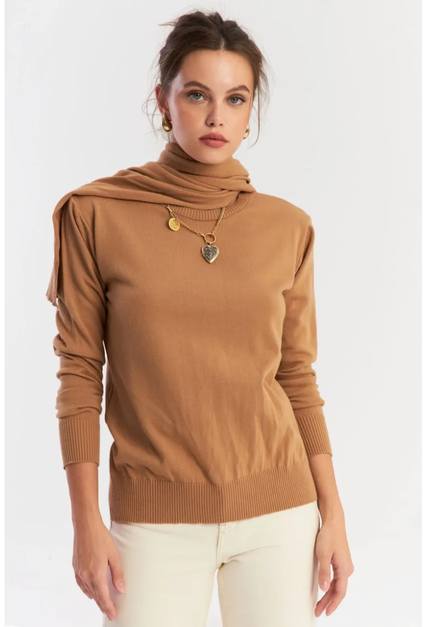 Kadın Camel Şal Aksesuarlı Triko Bluz YV286