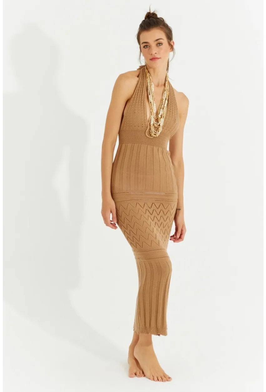 Kadın Camel Sırtı Açık Triko Maxi Elbise SF2505