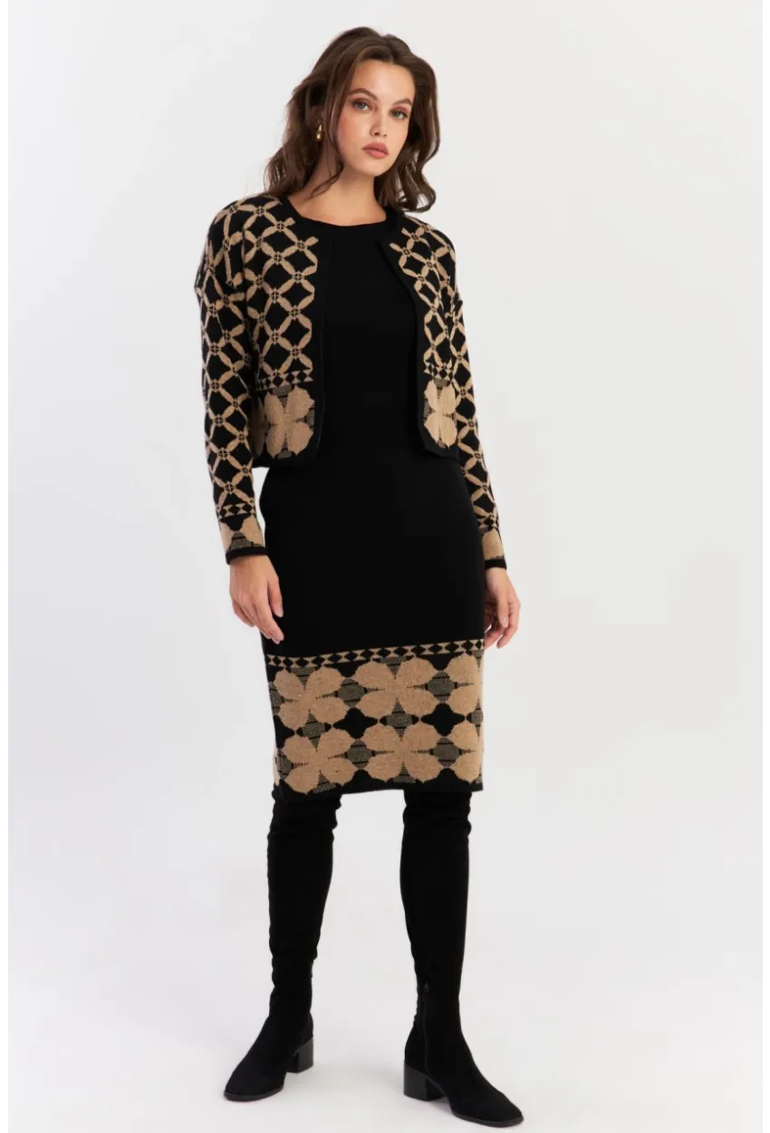 Kadın Camel-Siyah Alt Üst Triko Desenli Takım NUV2028
