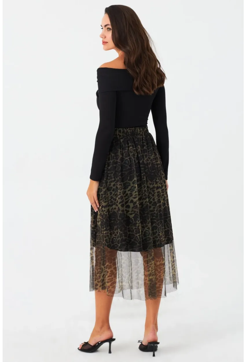 Kadın Camel-Siyah Astarlı Tül Leopar Etek SF2553