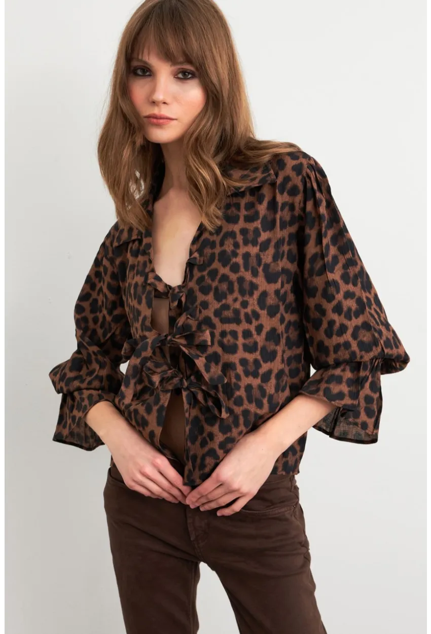 Kadın Camel-Siyah Bağlama Detaylı Leopar Gömlek FS9340