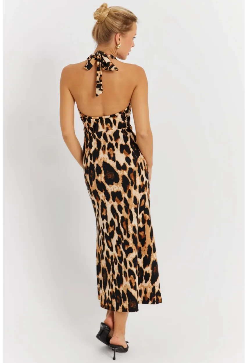 Kadın Camel-Siyah Boyun Bağlamalı Leopar Desenli Midi Elbise EY2897