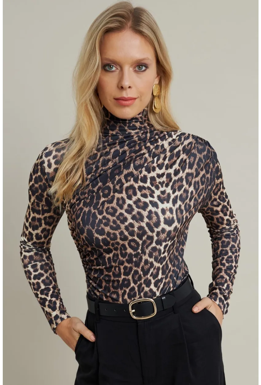 Kadın Camel-Siyah Büzgülü Desenli Bluz MDMR358-1